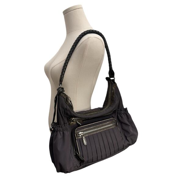 Vintage 00s Brighton Dark Gray Nylon & Crocodile Leather Trimmed Shoulder Bag - Picture 12 of 13